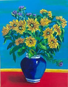 Sunflowers in Blue and White Vase