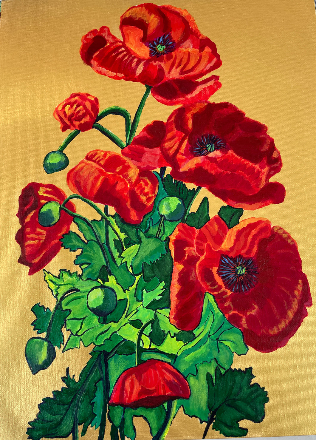 Red Poppies with Gold Background