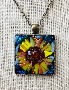 Square Sunflower Blue Background Mosaic Jewelry