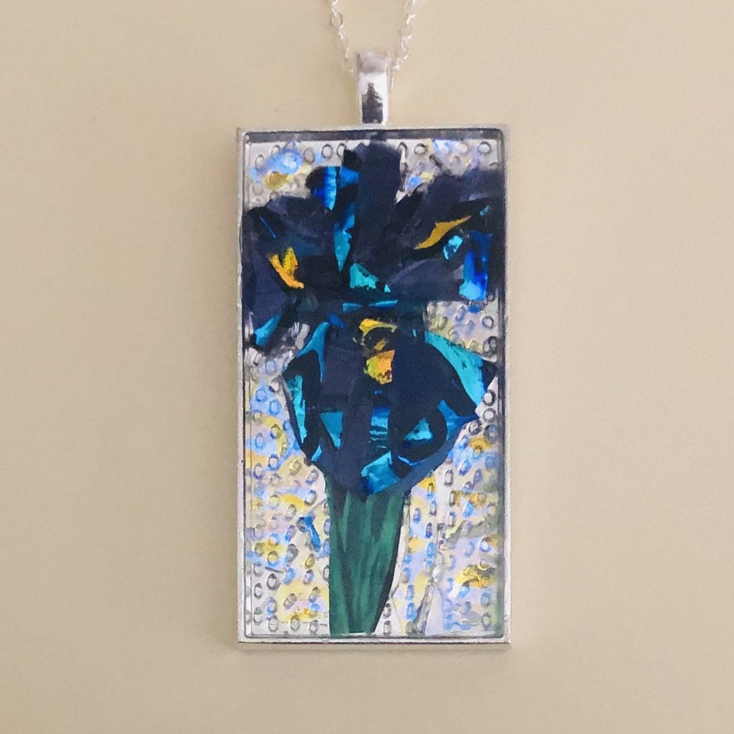 Blue Iris mosaic glass silver necklace