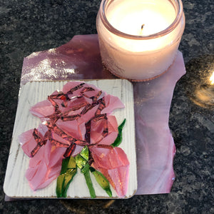 Pink mosaic glass rose 4x4" with pink candle