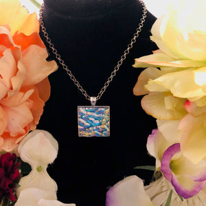 Ocean waves mosaic glass on a silver necklace